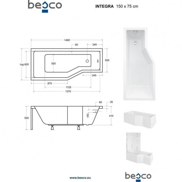 Akrilinė vonia Besco Integra, 150x75 cm kairinė 2